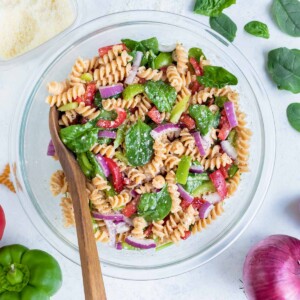 A big bowl of pasta salad is served