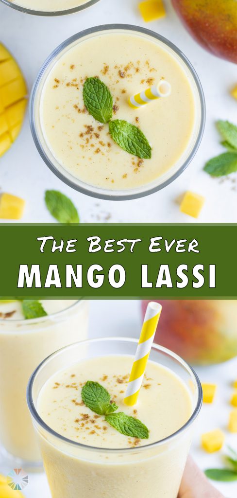 Two glasses of Mango Lassi are shown on the counter by fresh mangos.