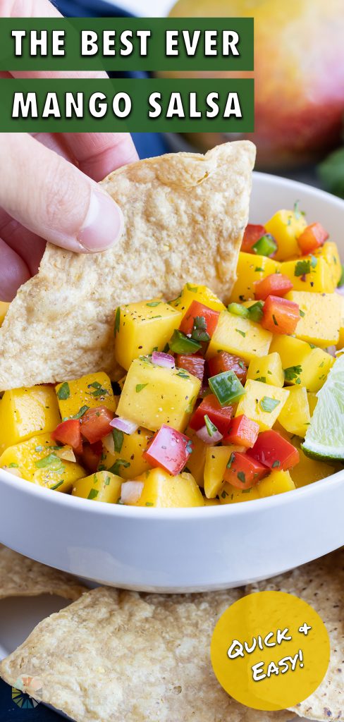 A chip is dipped into mango salsa for a healthy summer appetizer.