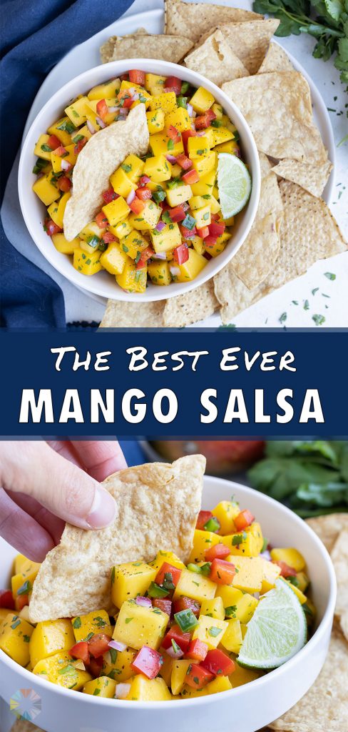 Tortilla chips are served with a bowl of mango salsa for an appetizer.