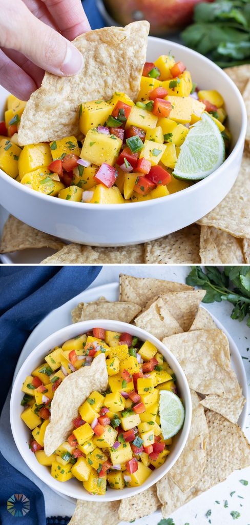 An overhead picture shows mango salsa served with tortilla chips.