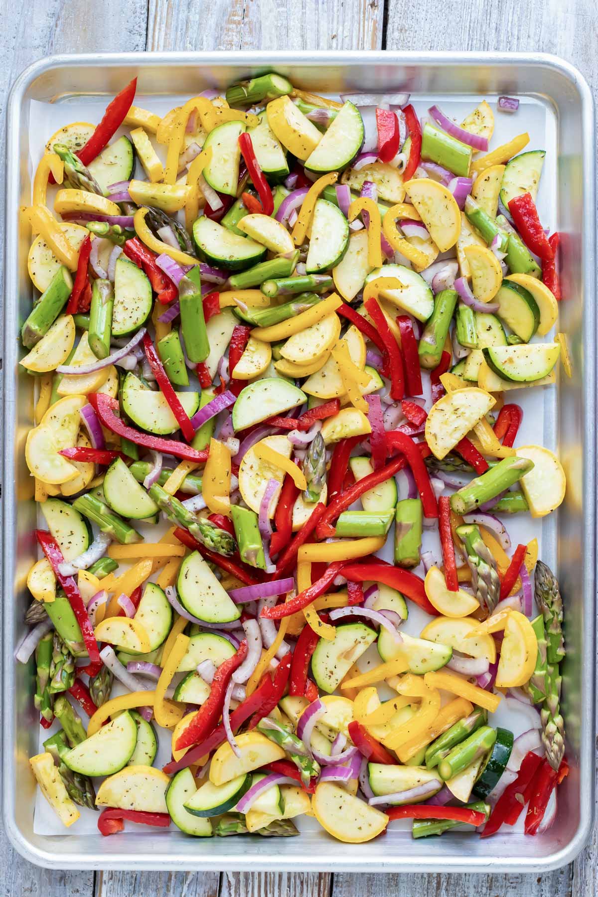 A large sheet pan full of roasted veggies.