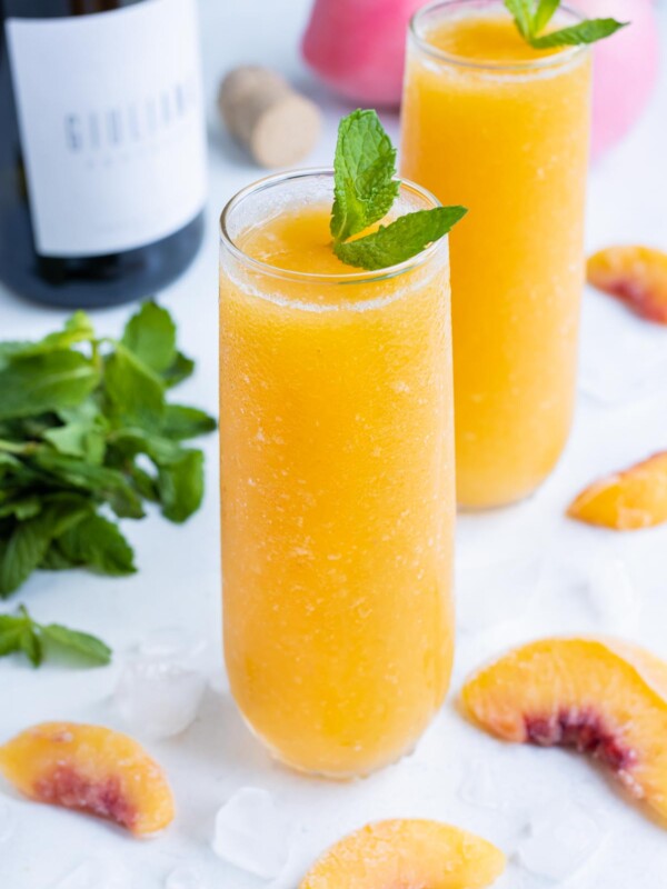 Sweet peaches and Prosecco are blended to create these Peach Bellinis.