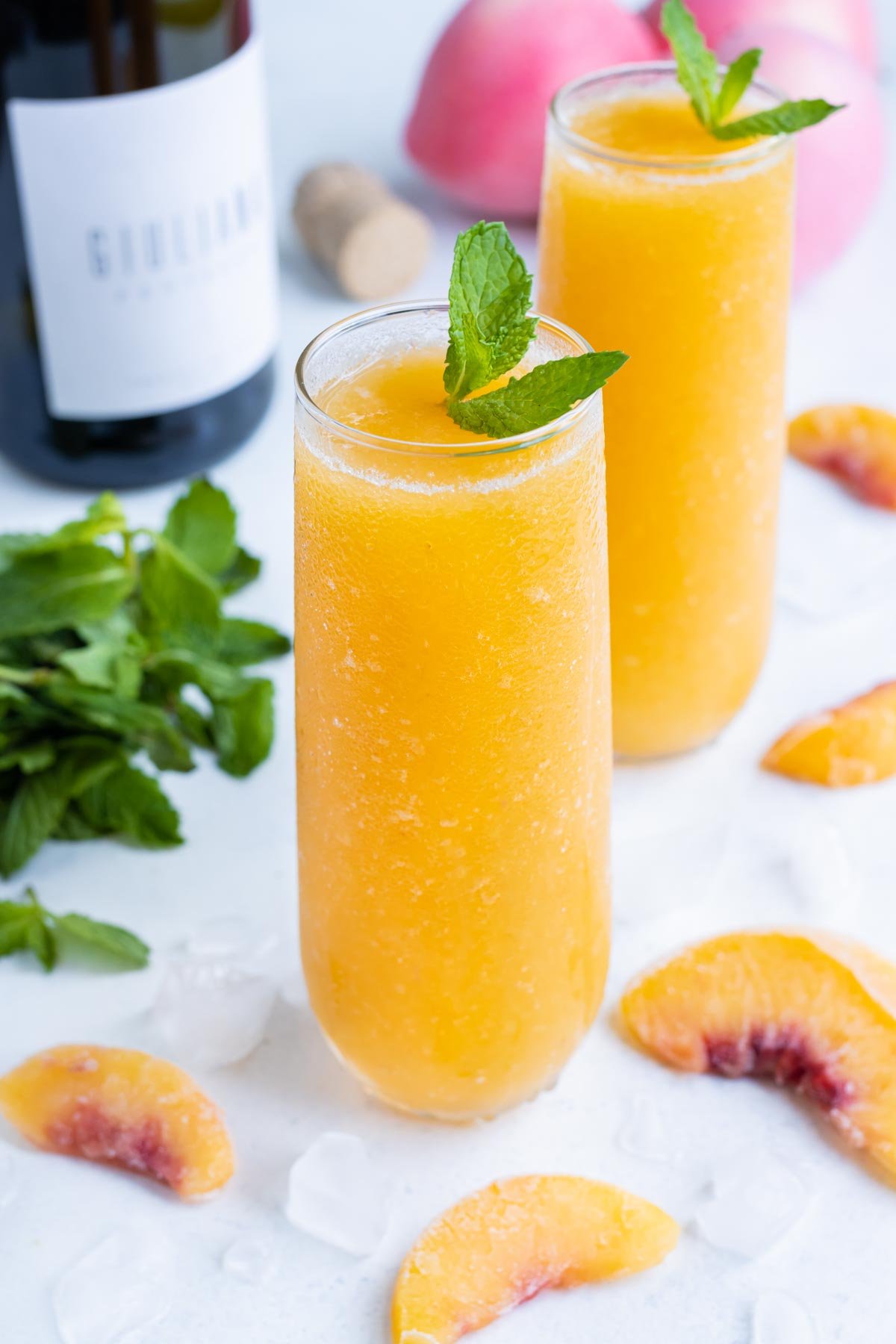 Sweet peaches and Prosecco are blended to create these Peach Bellinis.