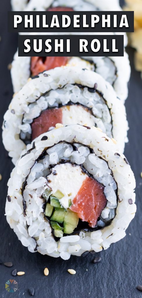 Salmon sushi rolls are shown on a plate for dinner.