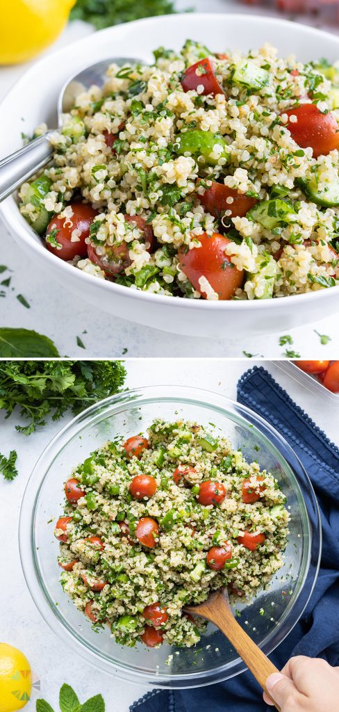 An overhead picture is used to show a side dish of a fresh quinoa salad.