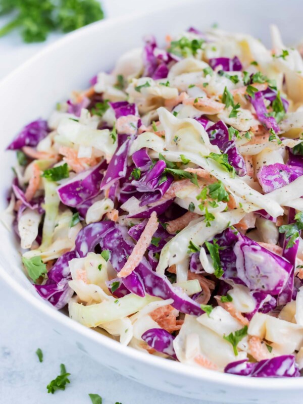 The best Southern Coleslaw recipe that is made with vegan mayo, Paleo mustard, and a little bit of sugar.