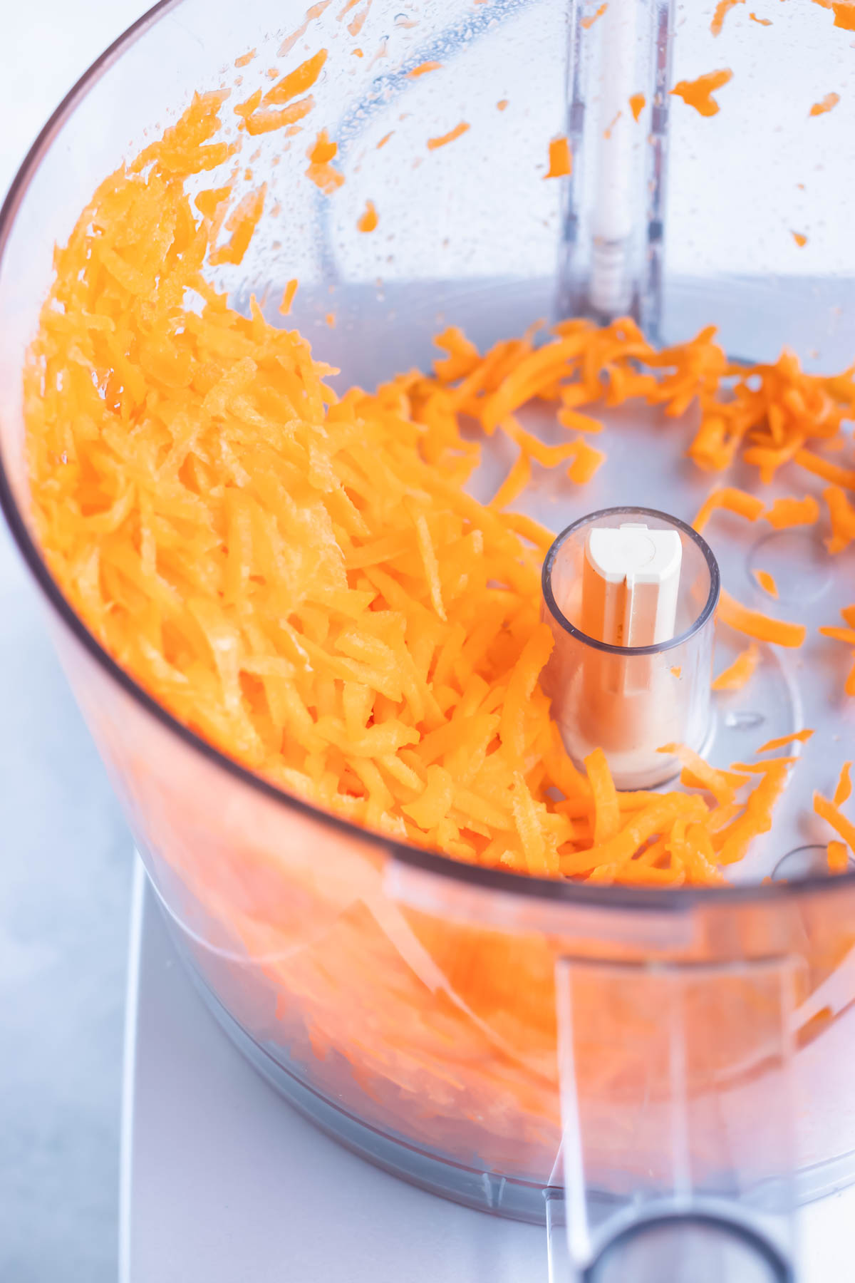 Carrots shredded in a food processor.