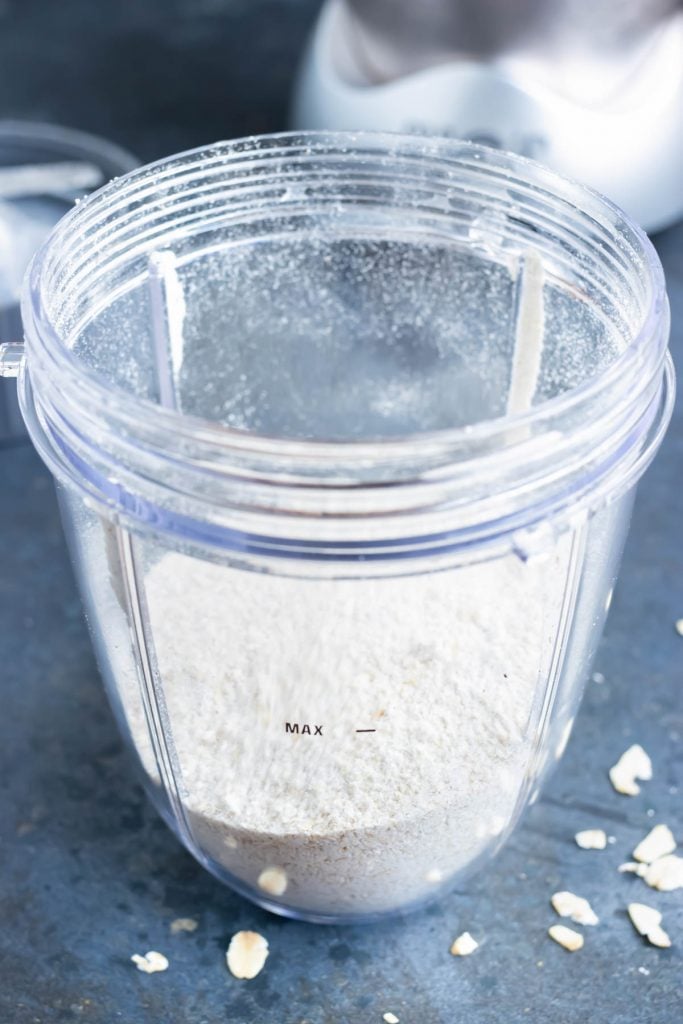 Coarse homemade oat flour, the only binder in these gluten-free black bean sweet potato burgers.