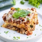 You can see healthy layers of zucchini, meat sauce, and cheese.