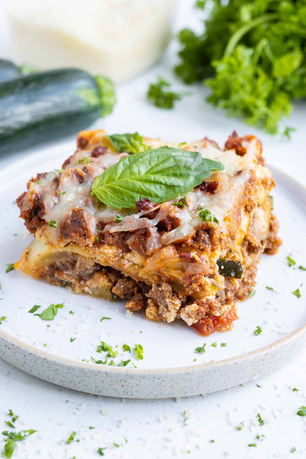 You can see healthy layers of zucchini, meat sauce, and cheese.