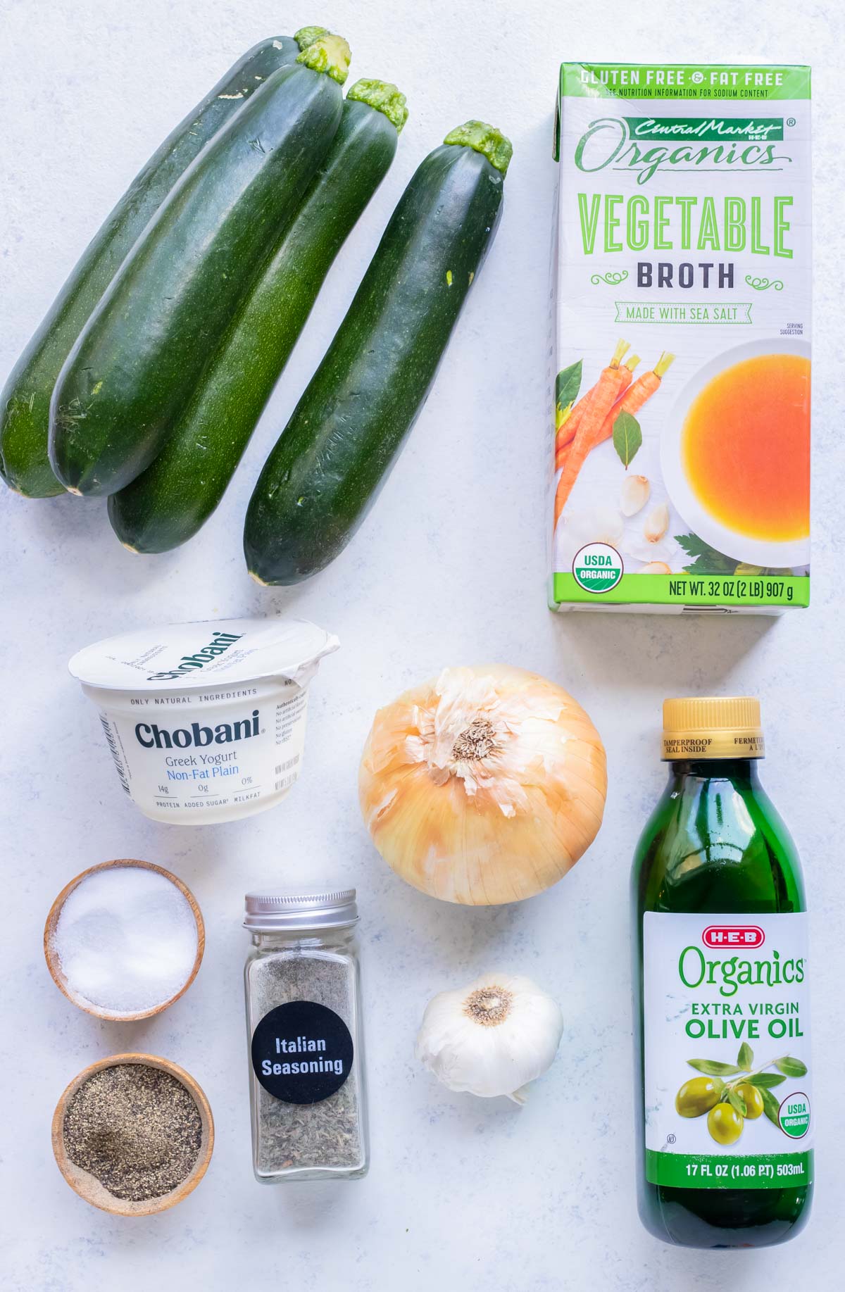 Zucchini, broth, yogurt, onions, seasoning, and oil are the ingredients used for this soup.