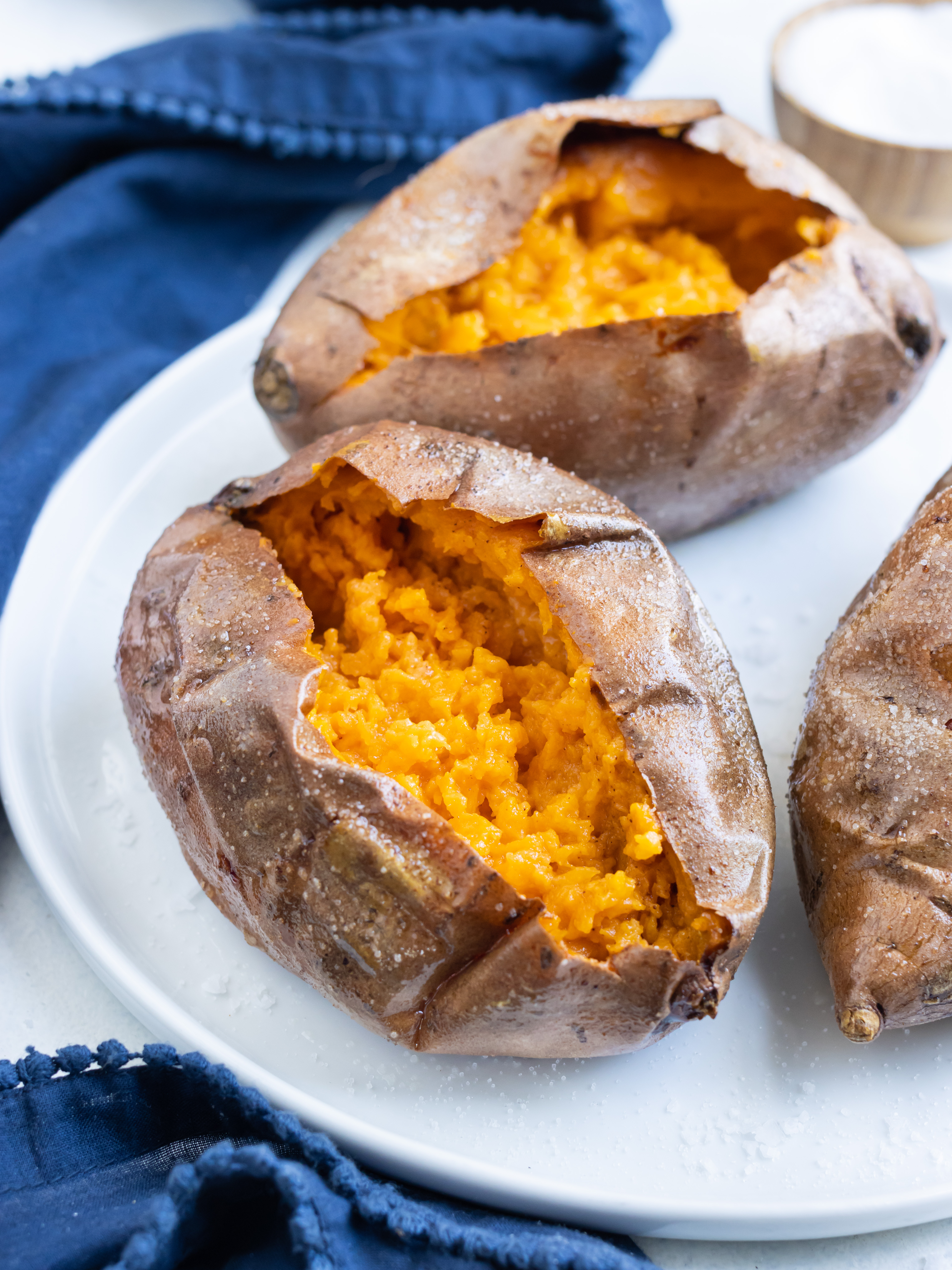 Air fried baked sweet potatoes are ready to be served as a side dish.