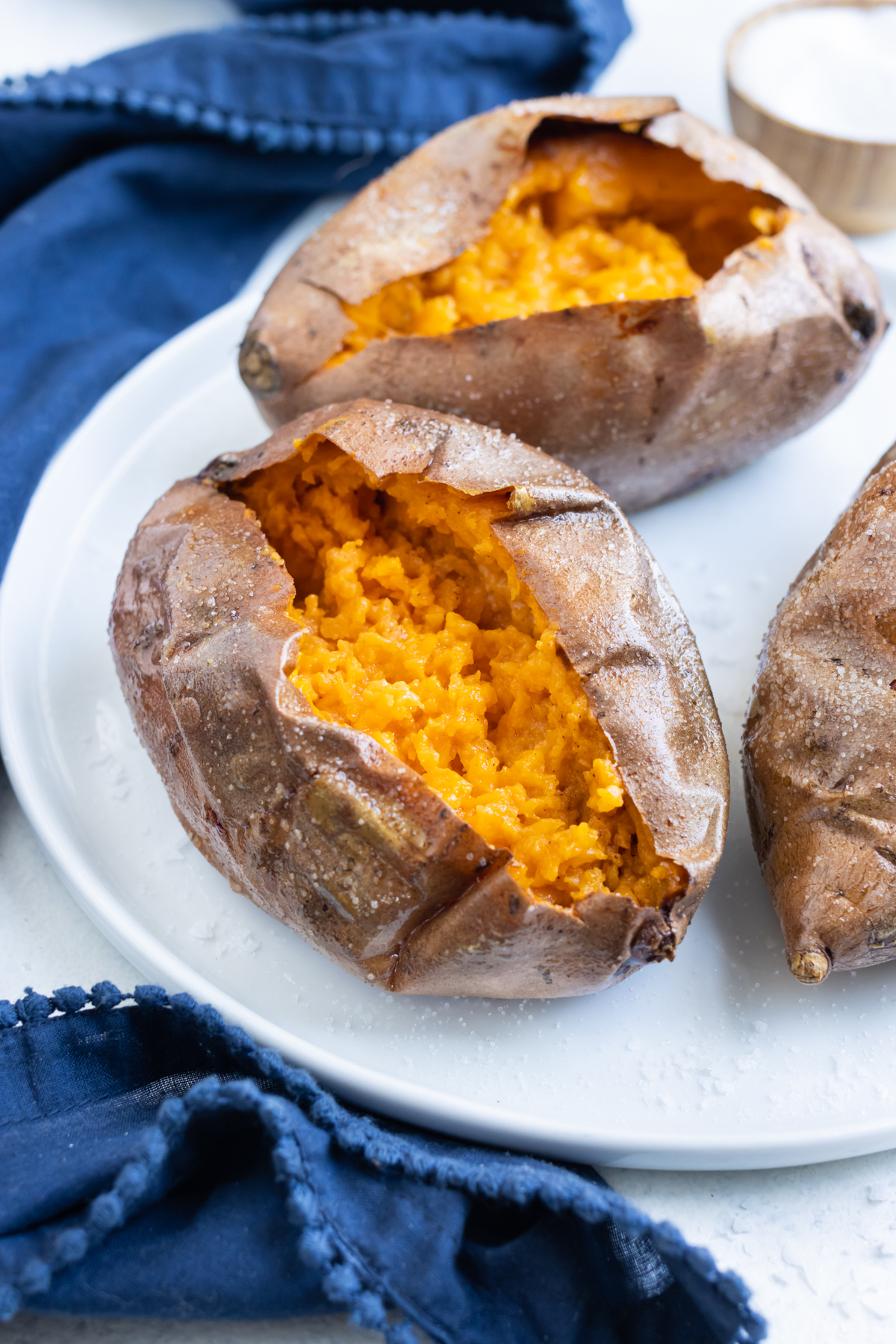 Air fried baked sweet potatoes are ready to be served as a side dish.