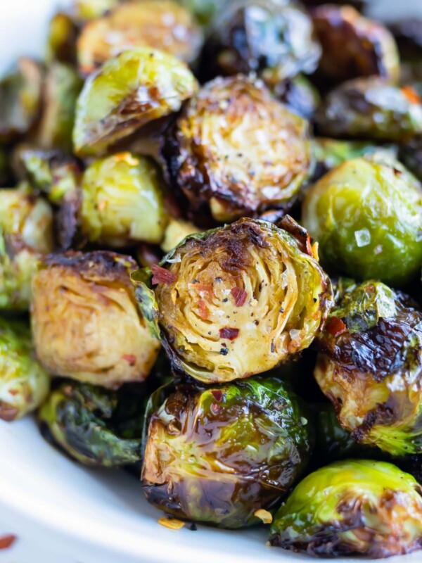 A pile of crispy brussels sprouts are served for a healthy, low-carb side.