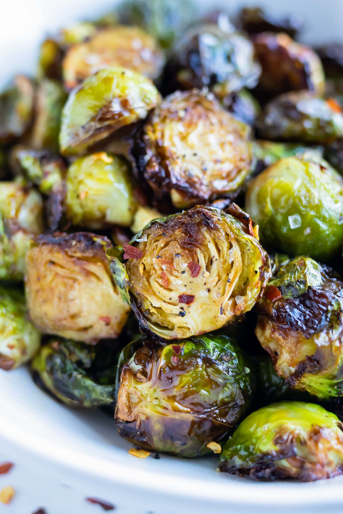 A pile of crispy brussels sprouts are served for a healthy, low-carb side.