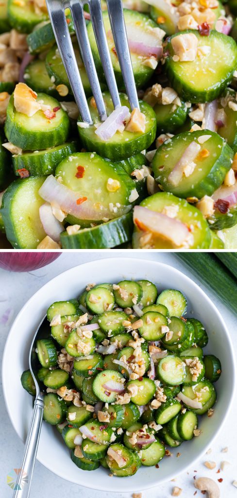 Two shots of vegetarian Asian Cucumber Salad.