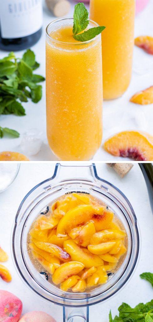 Frozen peaches and prosecco are combined in a food processor.
