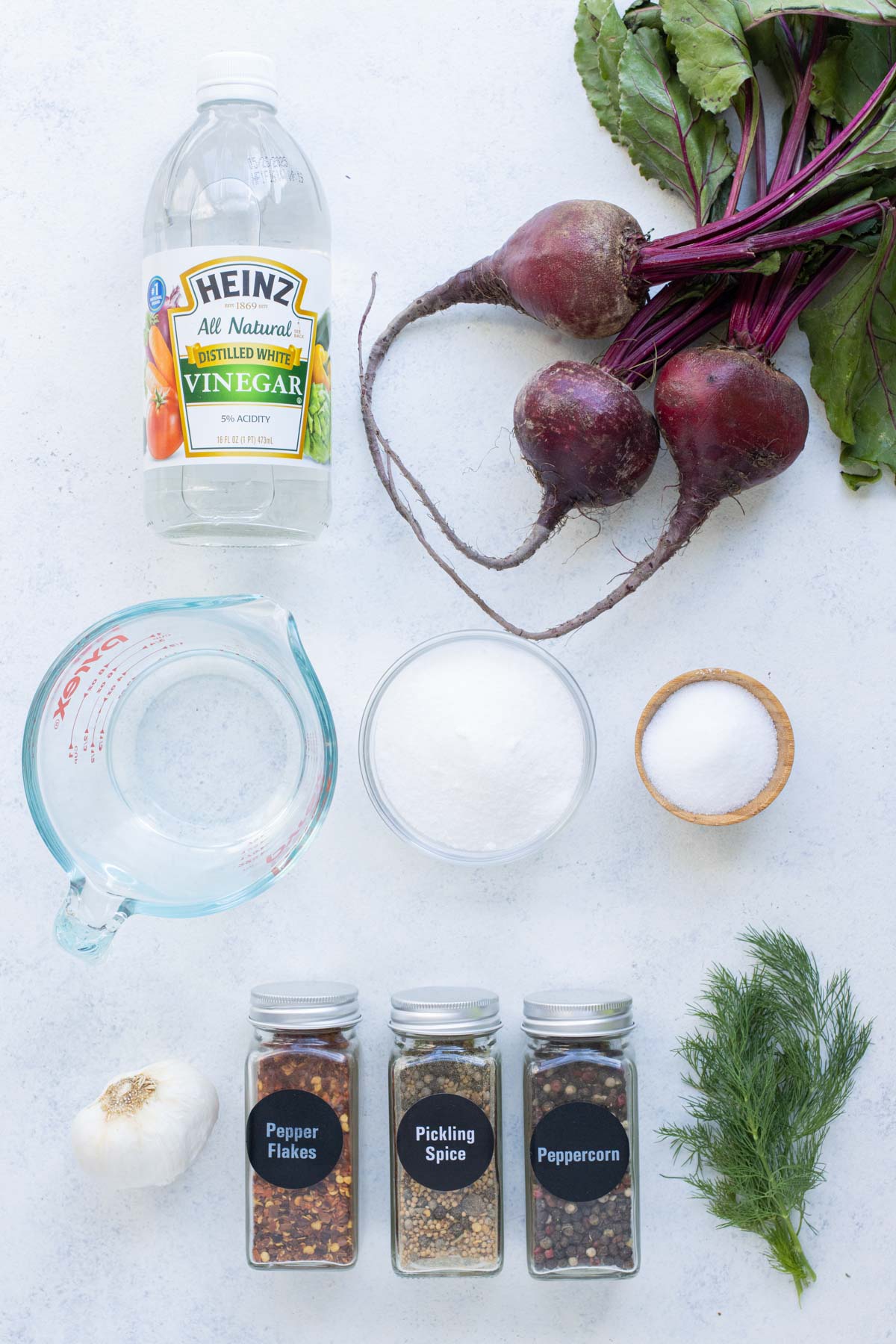 Beets, vinegar, water, salt, sugar, and seasonings are the ingredients for pickled beets.