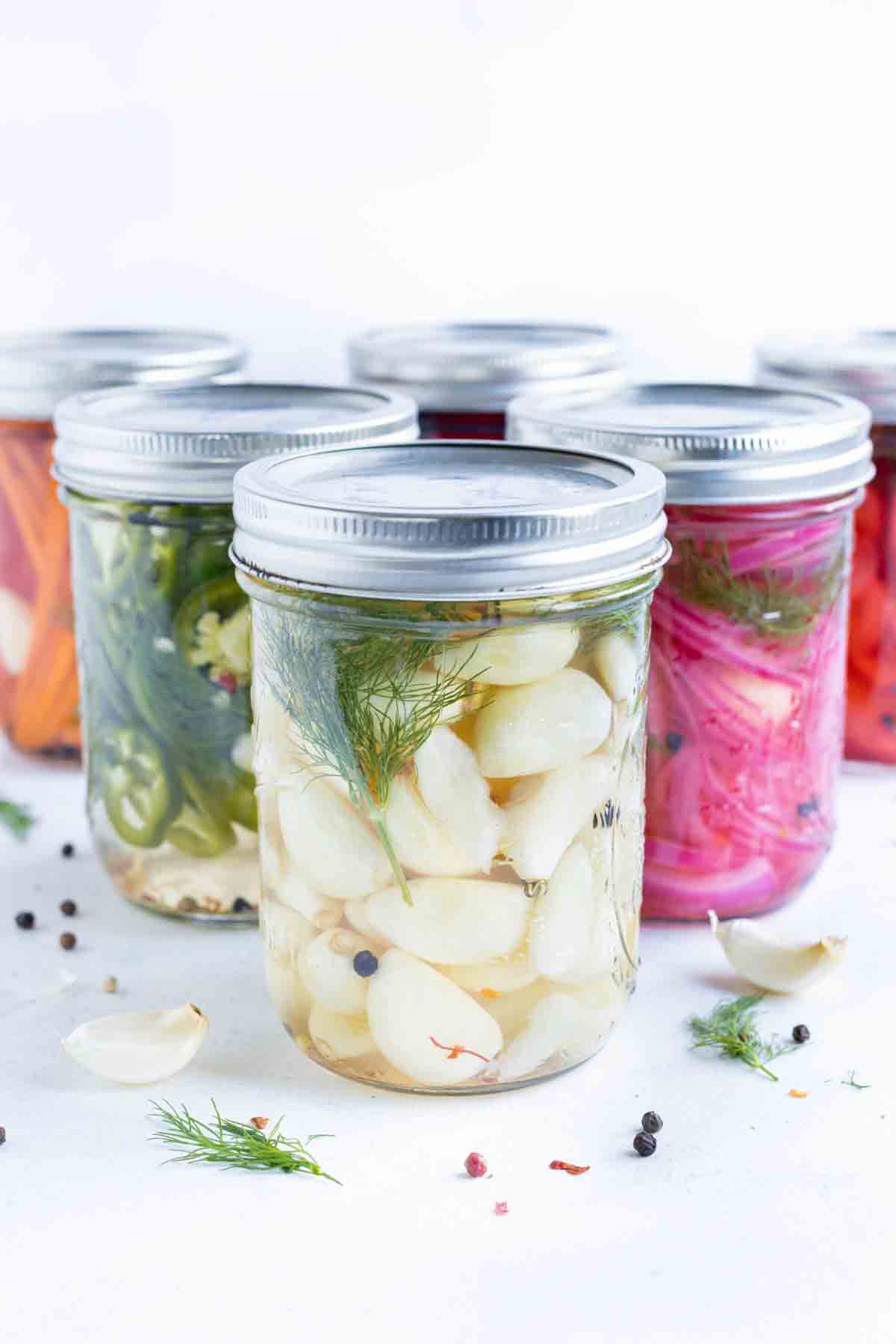 Jars of pickled vegetables.