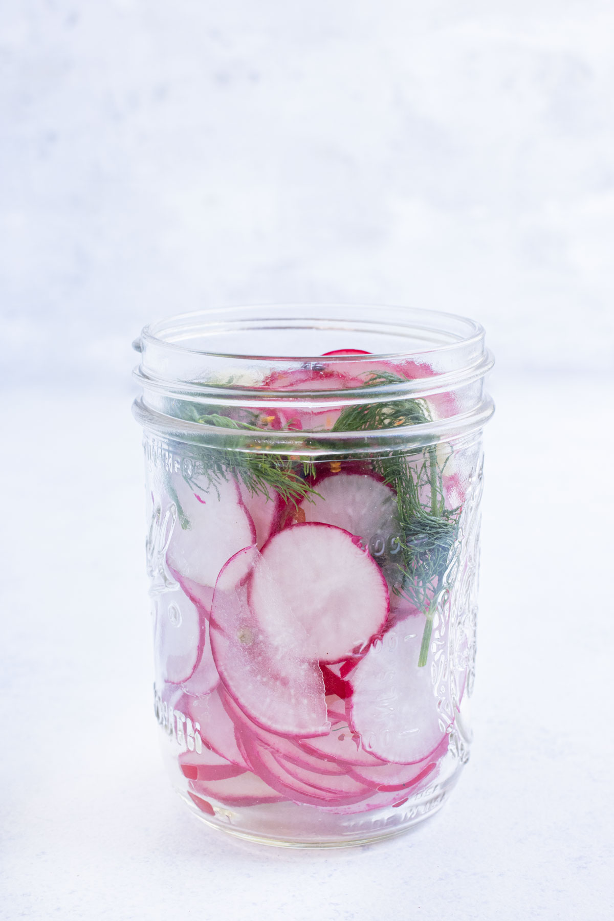 Radish, dill, garlic, and pepper are placed in a jar.