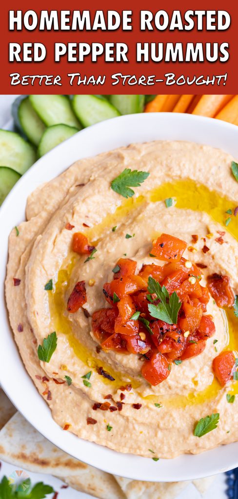 An overhead view of healthy roasted red pepper hummus.