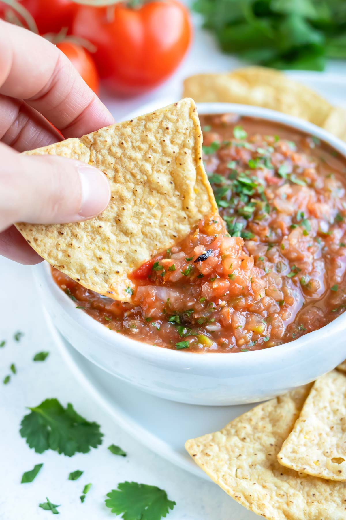 A tortilla chip is dipped into the bowl of roasted tomato salsa.