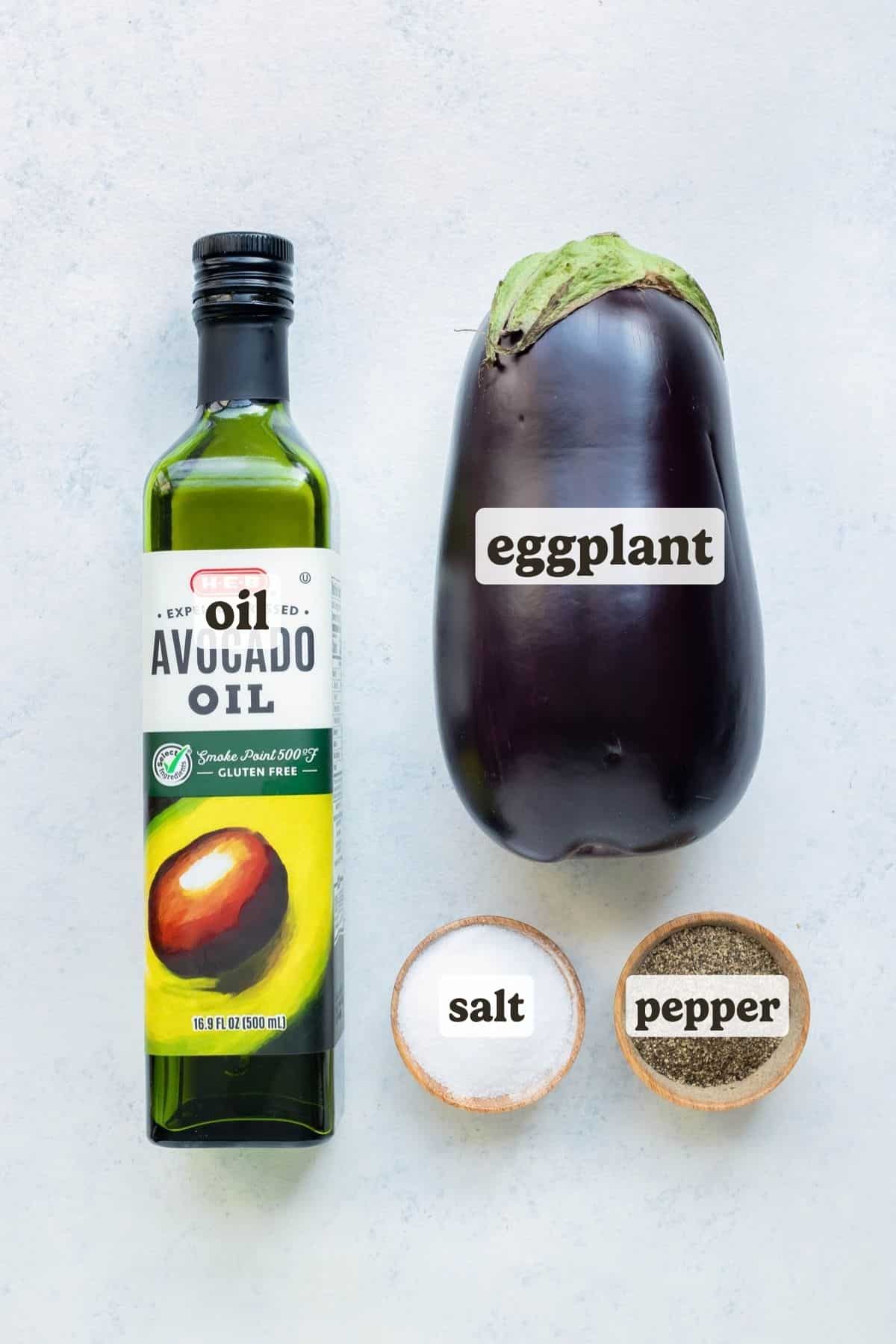 Raw eggplant, olive oil, salt, and pepper are the ingredients for this air fryer eggplant recipe.