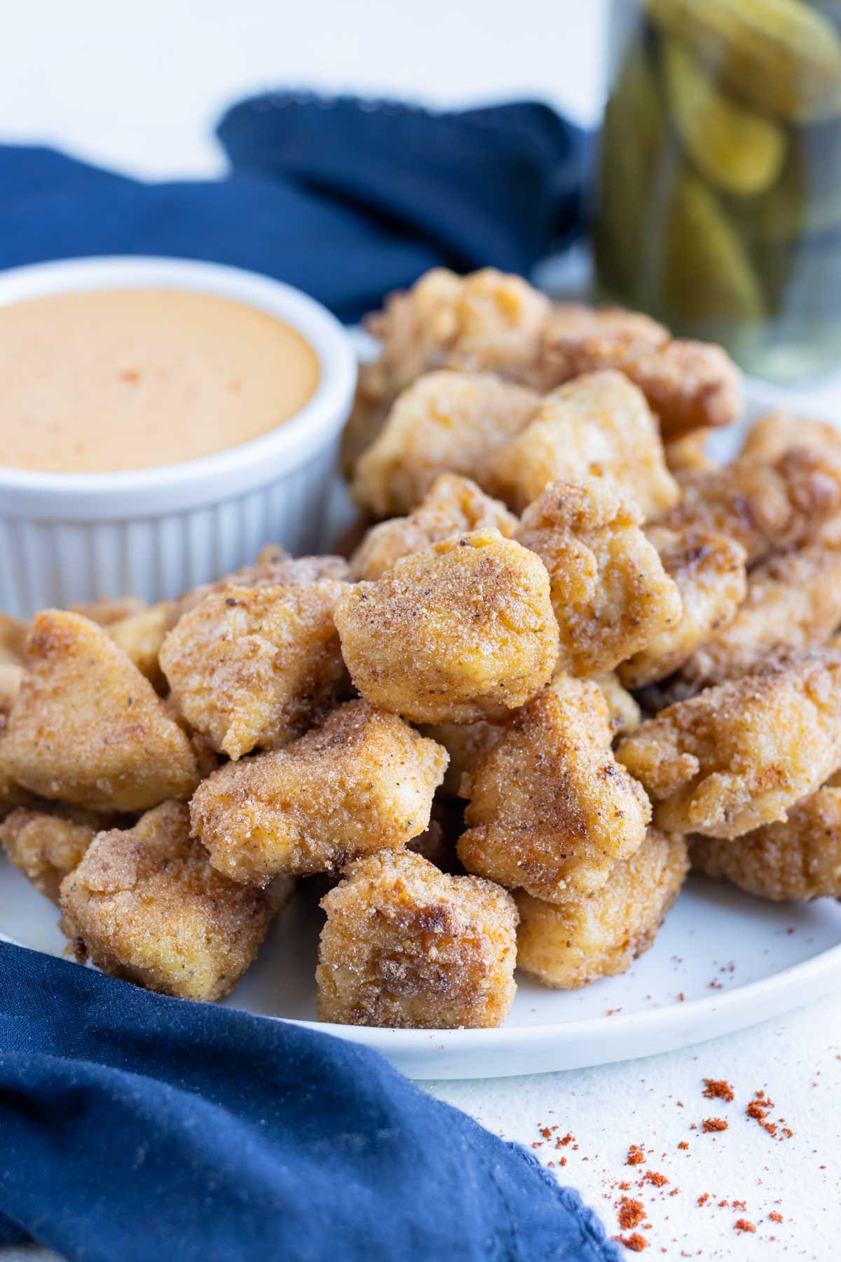 A plate is loaded with copycat Chick-fil-A nuggets.