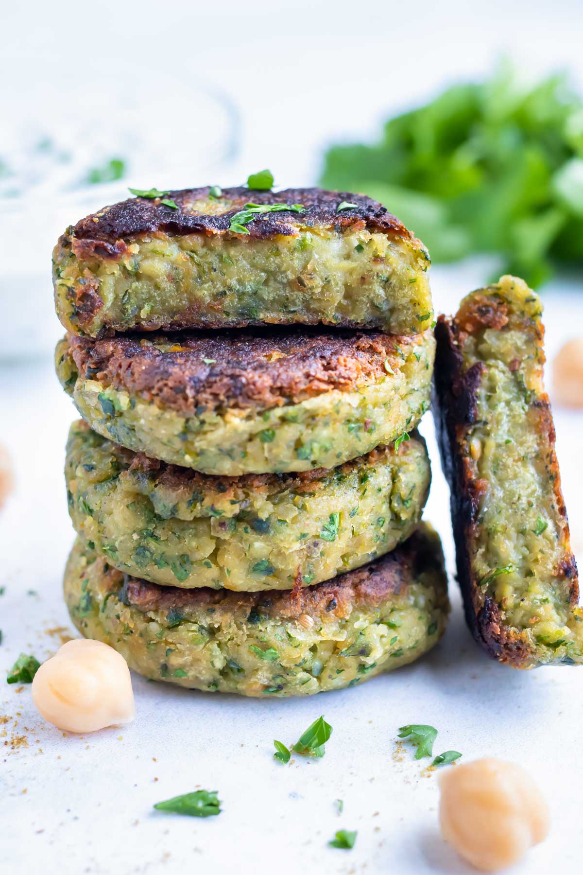 Falafel is an easy Mediterranean dish that is stacked on the counter.