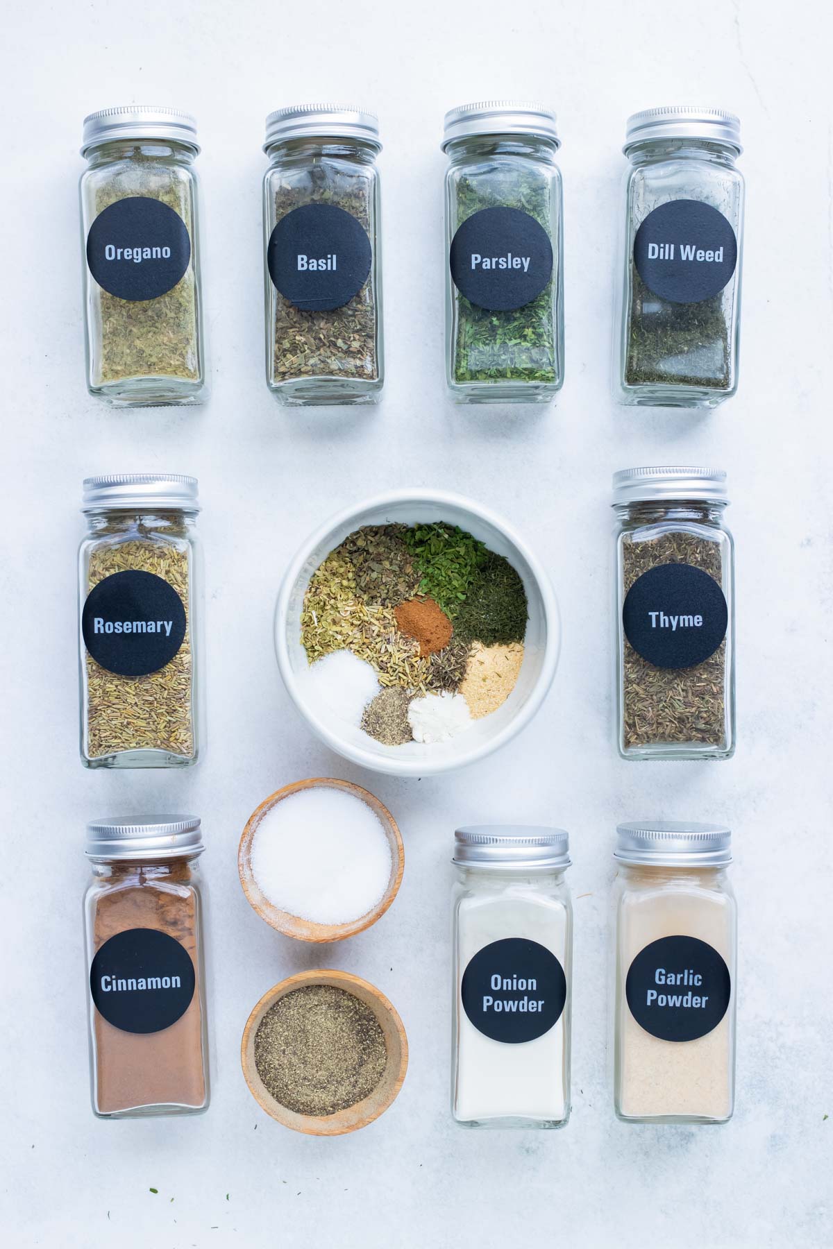 Easy to find, herbs and spices are combined in a bowl.