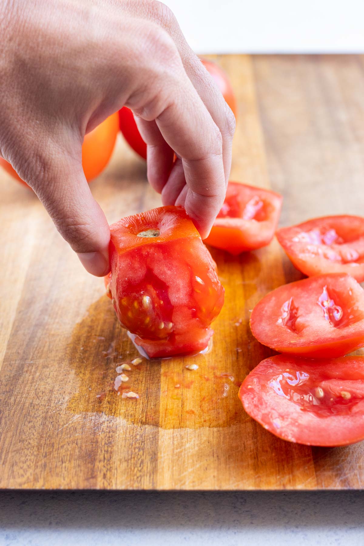After cutting, only the core of the tomato remains.