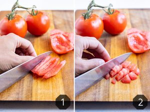 How to cut wedges into strips, and then dice the tomatoes.