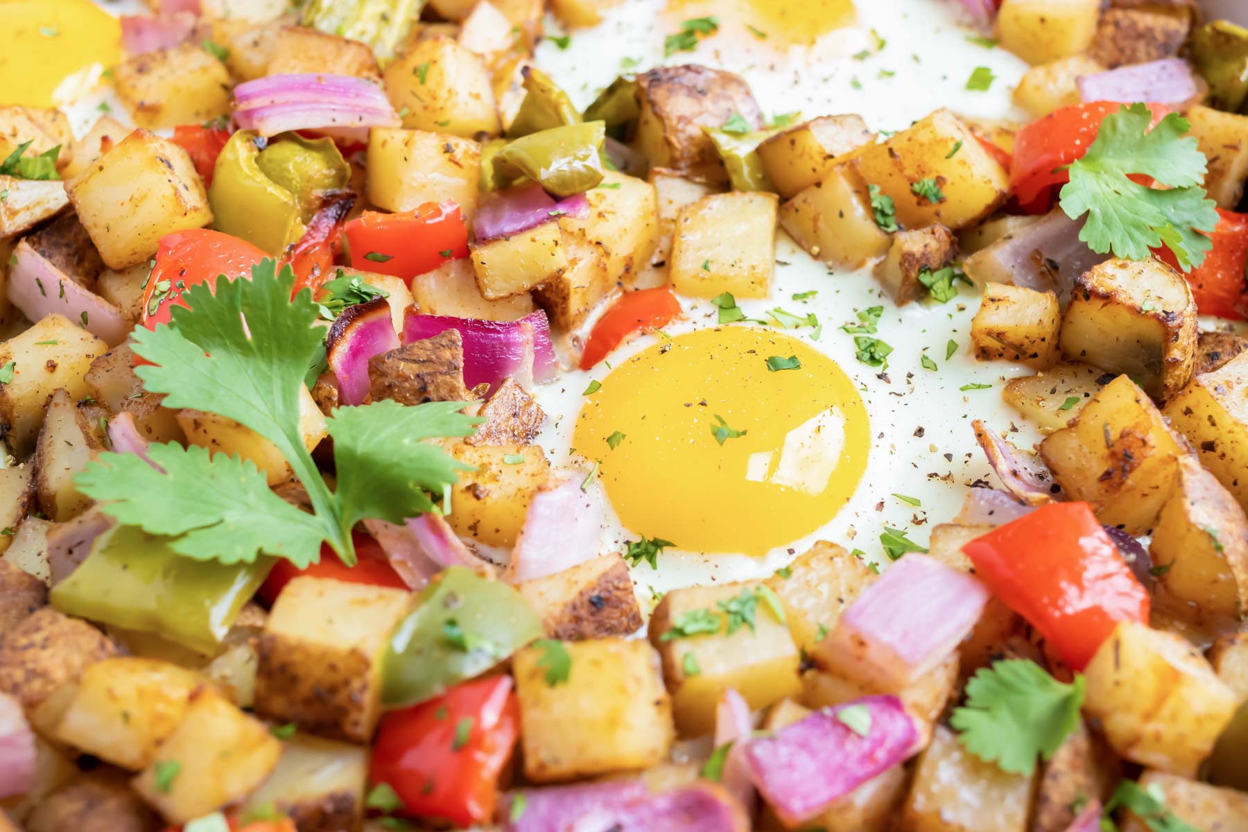 An over-easy egg in the middle of a pan full of roasted breakfast potatoes, bell peppers, and onions.