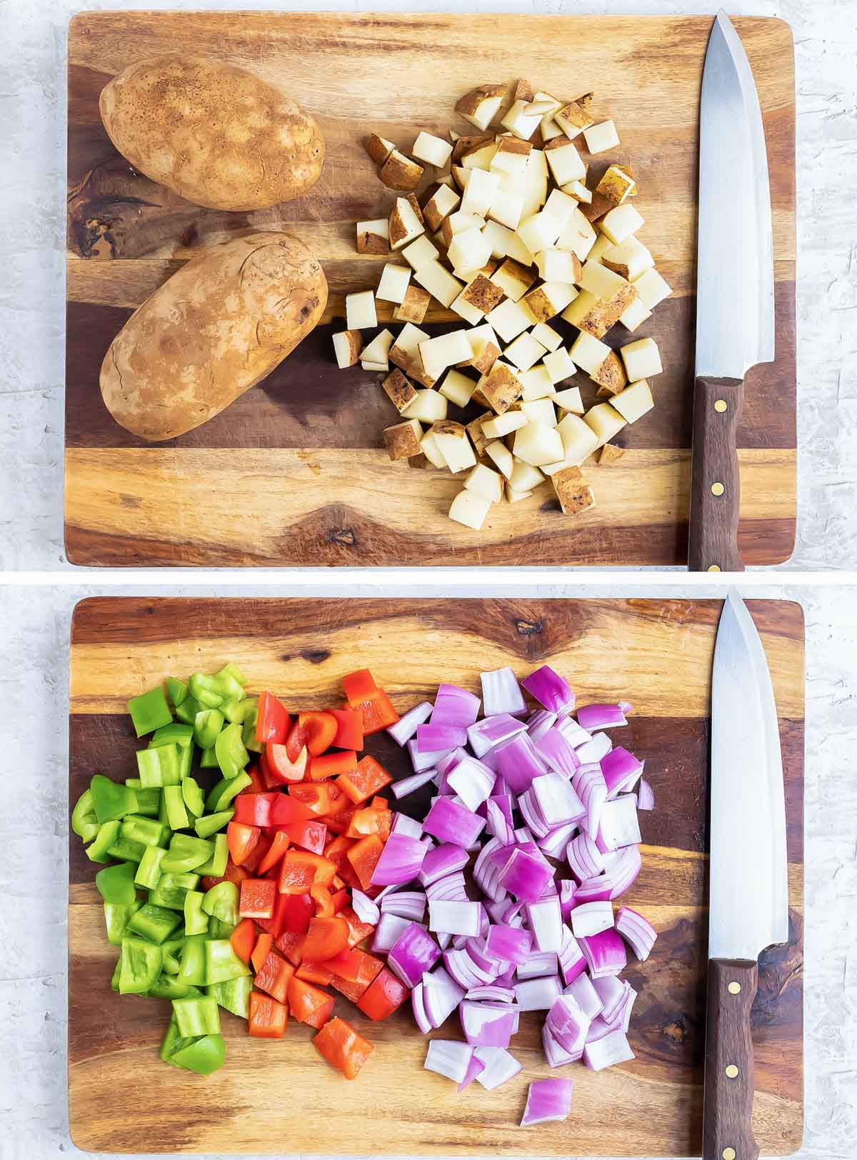 Two images showing how to prep russet potatoes and vegetables for a breakfast hash recipe.