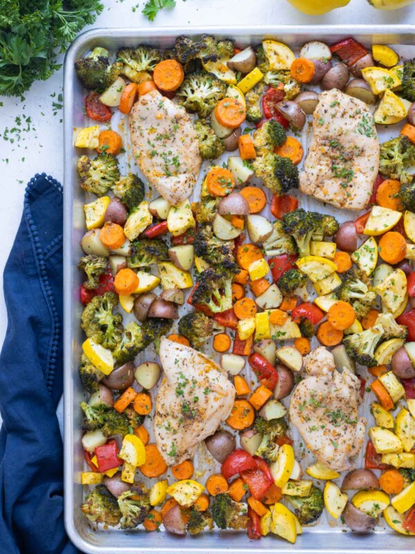 A pan full of seasoned chicken and veggies.