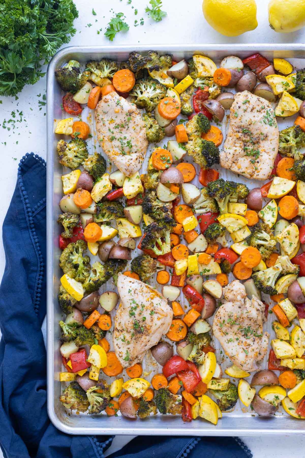 A pan full of seasoned chicken and veggies.