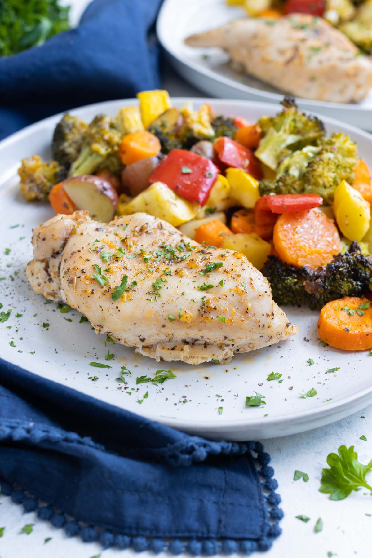 Healthy chicken and seasoned veggies on a white plate.