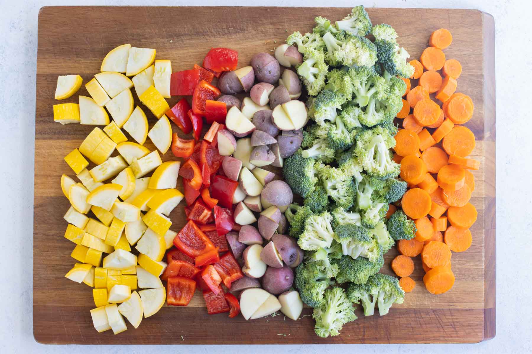 Vegetables are chopped into bite-sized pieces.