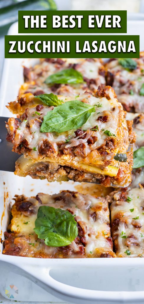 Zucchini lasagna has layers of meat sauce, zucchini, and cheese.