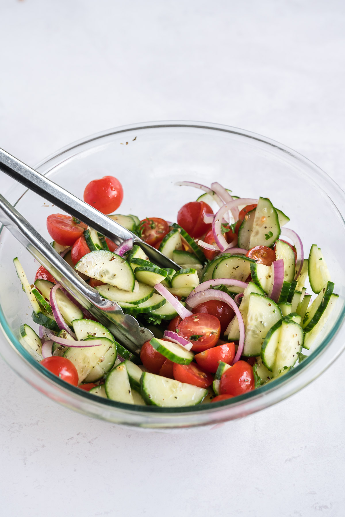 Healthy veggies are tossed with Greek dressing for this quick and easy salad.