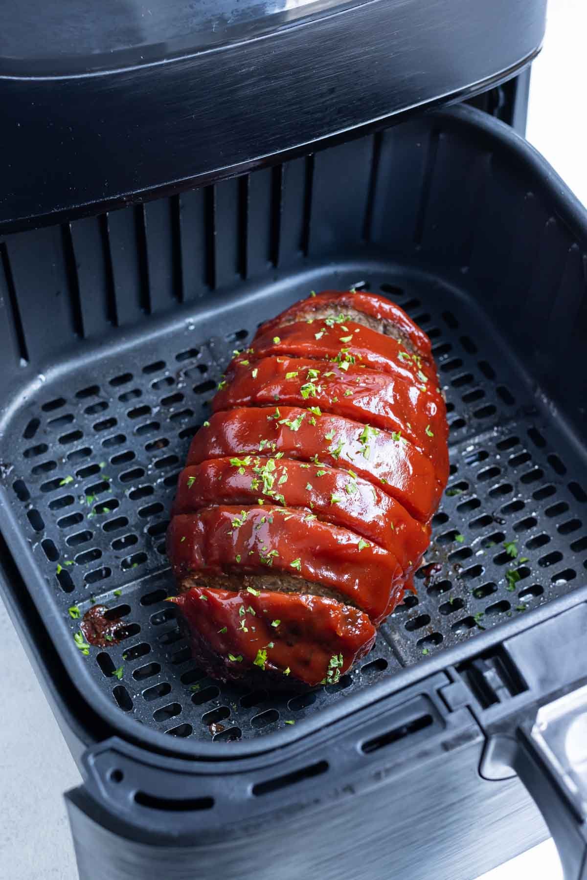 Perfectly seasoned meatloaf in the air fryer.