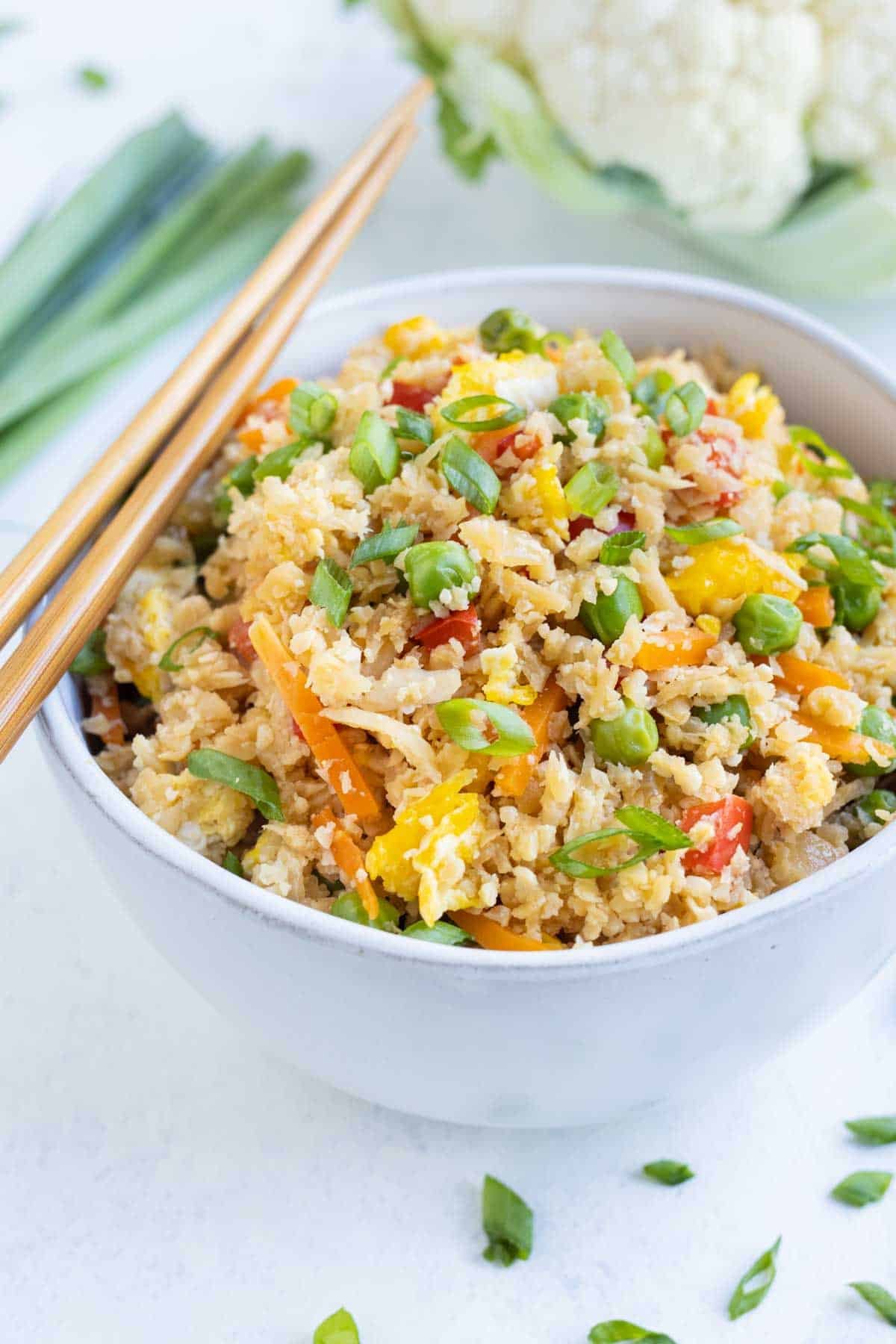 Healthy and easy cauliflower fried rice is a one-pan meal.