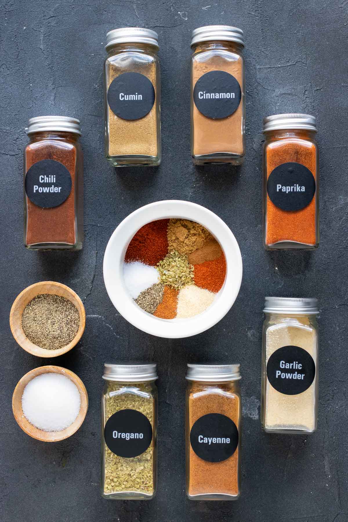 All of the spices that go into making Homemade Chili Seasoning.