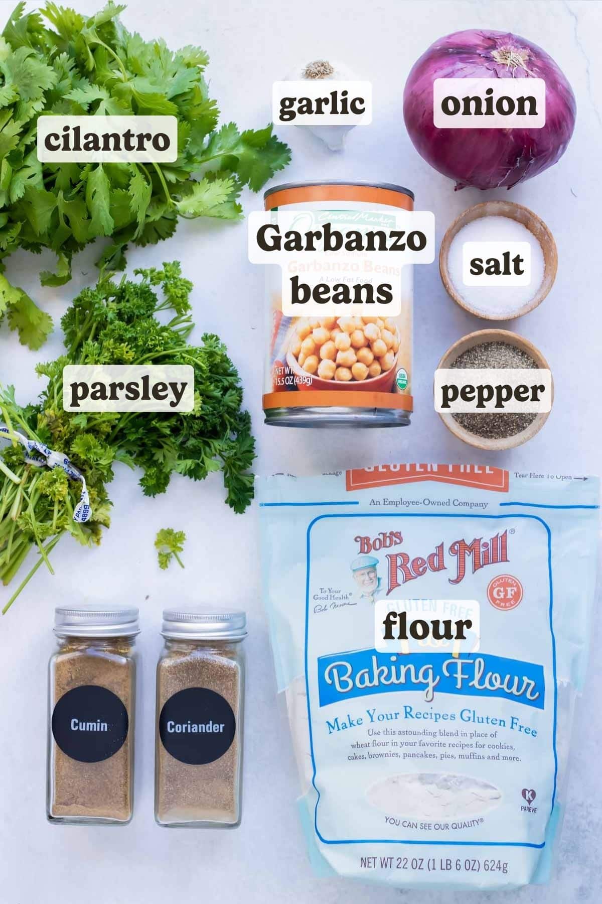 Chickpeas, gluten-free flour, fresh cilantro, parsley, onion, and spices are used in this falafel recipe.