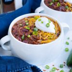 Healthy and savory Instant Pot beef chili in a white bowl.