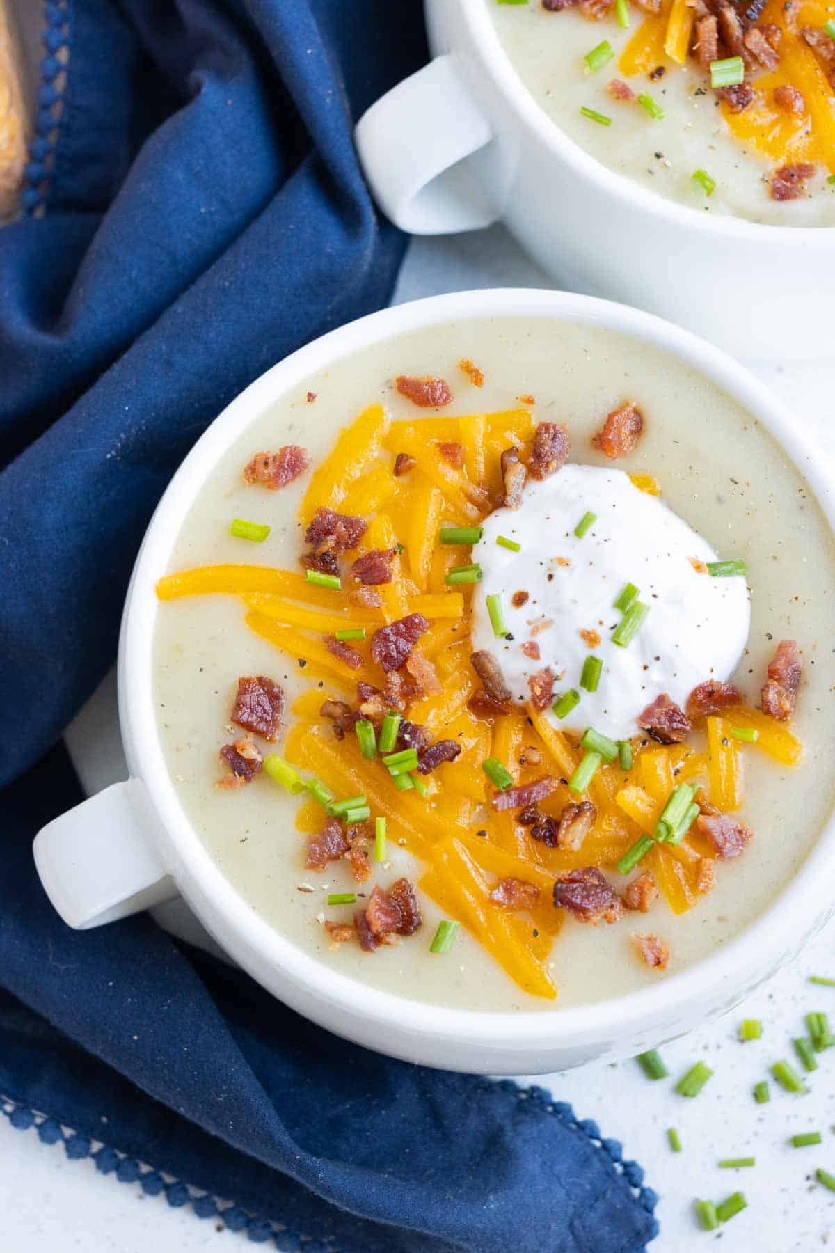A bowl of potato soup made in the Instant Pot.