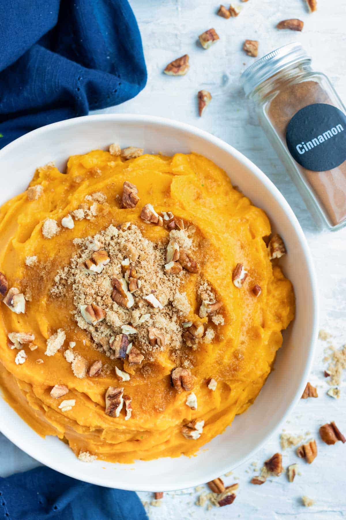 Easy and vegan mashed sweet potatoes recipe with brown sugar and cinnamon using Instant Pot potatoes.