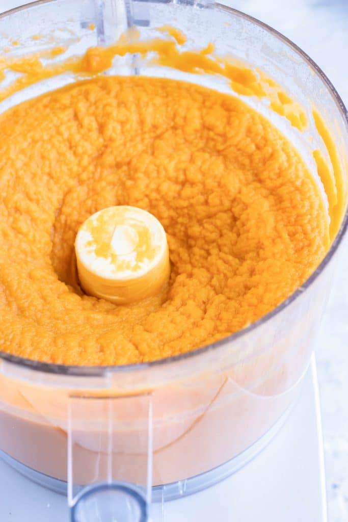 Mashed sweet potatoes processed smooth in a food processor for the creamiest texture.