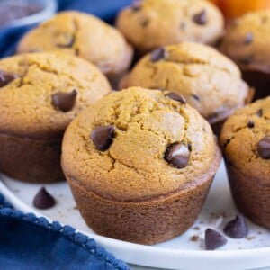 Pumpkin muffins with chocolate chips are delicious.